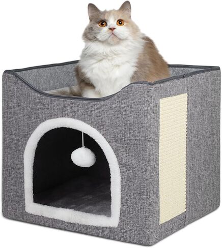 Biubiucat Cat Bed for Indoor Cats, Folding Pet Cat House with 2 Removable Plush Cushions, Square Cat Cave with Scratching Board & Fluffy Ball, Indoor Cat Caved Bed for Hideaway, 16.1 x 15.6 x 14.6’’ in Kuwait