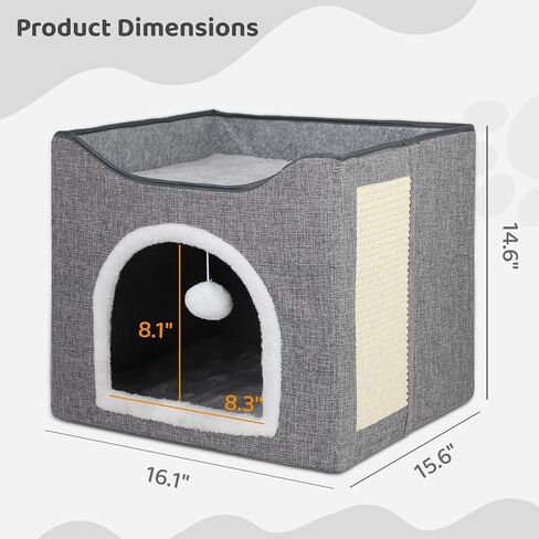 Biubiucat Cat Bed for Indoor Cats, Folding Pet Cat House with 2 Removable Plush Cushions, Square Cat Cave with Scratching Board & Fluffy Ball, Indoor Cat Caved Bed for Hideaway, 16.1 x 15.6 x 14.6’’ in Kuwait