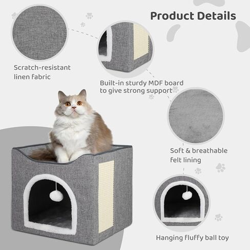 Biubiucat Cat Bed for Indoor Cats, Folding Pet Cat House with 2 Removable Plush Cushions, Square Cat Cave with Scratching Board & Fluffy Ball, Indoor Cat Caved Bed for Hideaway, 16.1 x 15.6 x 14.6’’ in Kuwait