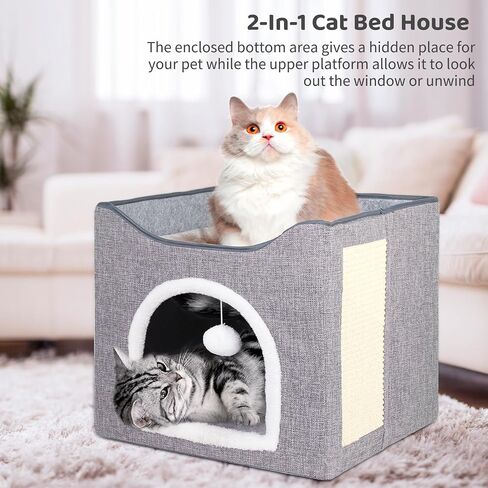 Biubiucat Cat Bed for Indoor Cats, Folding Pet Cat House with 2 Removable Plush Cushions, Square Cat Cave with Scratching Board & Fluffy Ball, Indoor Cat Caved Bed for Hideaway, 16.1 x 15.6 x 14.6’’ in Kuwait