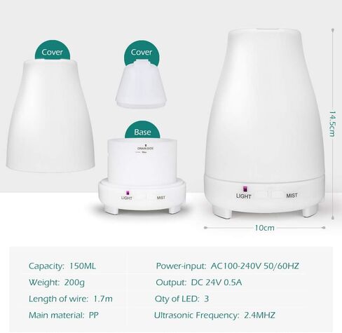 GeeRic Essential Oil Diffuser 150ml, Ultrasonic Air Humidifier Mist Aroma Electric Fragrance with Remote Control 7 Colors Changing Auto Shut Off for Bedroom/Living Room/Spa/Yoga in Kuwait