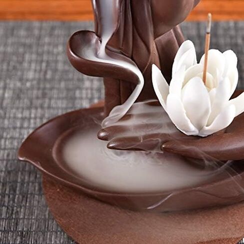 مبخرة زهرة اللوتس / مونك بتدفق خلفي من السيراميك - كبير يدوي الصنع - حامل بخور - تمثال يدوي الصنع مع 10 قطع من المخاريط (اللوتس الأبيض) in Kuwait