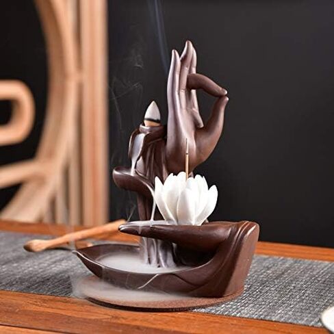 مبخرة زهرة اللوتس / مونك بتدفق خلفي من السيراميك - كبير يدوي الصنع - حامل بخور - تمثال يدوي الصنع مع 10 قطع من المخاريط (اللوتس الأبيض) in Kuwait