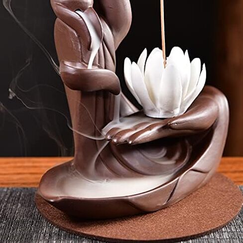 مبخرة زهرة اللوتس / مونك بتدفق خلفي من السيراميك - كبير يدوي الصنع - حامل بخور - تمثال يدوي الصنع مع 10 قطع من المخاريط (اللوتس الأبيض) in Kuwait
