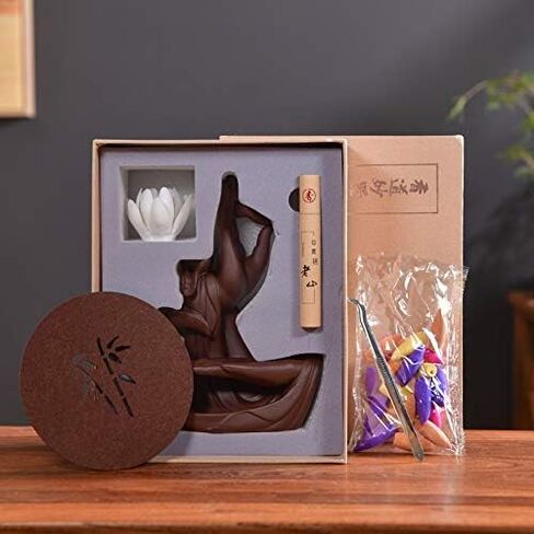 مبخرة زهرة اللوتس / مونك بتدفق خلفي من السيراميك - كبير يدوي الصنع - حامل بخور - تمثال يدوي الصنع مع 10 قطع من المخاريط (اللوتس الأبيض) in Kuwait