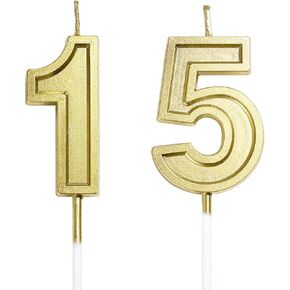 15th & 51st Birthday Candles Number 15 51 Cake Topper Happy Birthday Decoration for Girls Boys Women Men Party Wedding Anniversary Celebration (Champagne Gold)