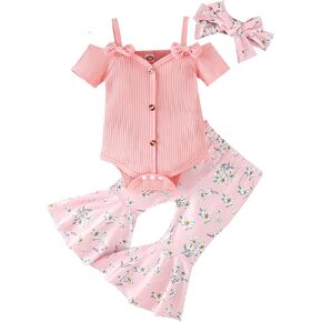 3pcs Toddler Girls Summer Outfits Ribbed Halter Crop Top Romper Bodysuit +Floral Flared Pants+Headband Clothes Set