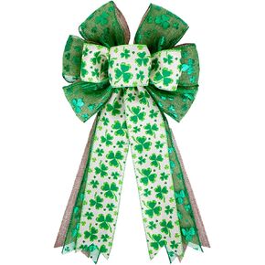 St. Patrick's Day Wreath Bow Large Burlap Three Layers Shamrock Clovers Gift Bow Tree Topper St. Patricks Irish Holiday Ornaments for St. Patrick's Day Wreath Indoor Outdoor Party Supplies Decorations in Kuwait