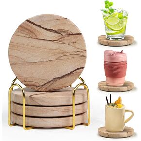 Natural Sandstone Coasters Set of 2 (No Holder), 4 in Dia Drink Coasters for Coffee Table, Water Absorbent & Heat Resistant Cup Coasters for Home & Office, Christmas Birthday Gift in Kuwait