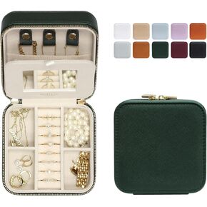 BLUTETE Saffiano Leather Travel Jewelry Box with Mirror | Portable Jewelry Zipper Case | Multi Compartments Jewelry Organizer (Black)