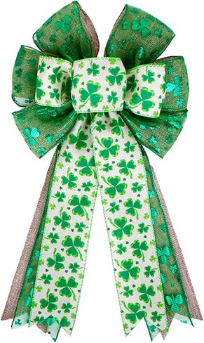 St. Patrick's Day Wreath Bow Large Burlap Three Layers Shamrock Clovers Gift Bow Tree Topper St. Patricks Irish Holiday Ornaments for St. Patrick's Day Wreath Indoor Outdoor Party Supplies Decorations in Kuwait