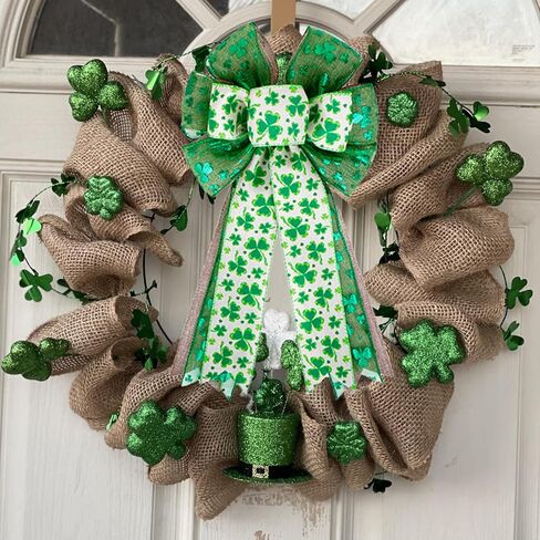 St. Patrick's Day Wreath Bow Large Burlap Three Layers Shamrock Clovers Gift Bow Tree Topper St. Patricks Irish Holiday Ornaments for St. Patrick's Day Wreath Indoor Outdoor Party Supplies Decorations in Kuwait