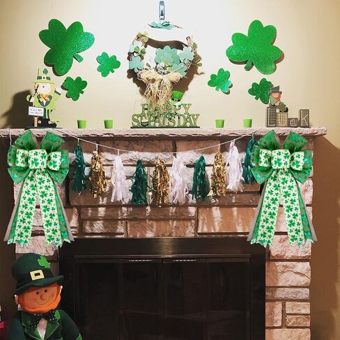 St. Patrick's Day Wreath Bow Large Burlap Three Layers Shamrock Clovers Gift Bow Tree Topper St. Patricks Irish Holiday Ornaments for St. Patrick's Day Wreath Indoor Outdoor Party Supplies Decorations in Kuwait