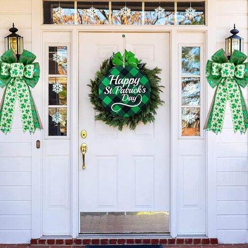 St. Patrick's Day Wreath Bow Large Burlap Three Layers Shamrock Clovers Gift Bow Tree Topper St. Patricks Irish Holiday Ornaments for St. Patrick's Day Wreath Indoor Outdoor Party Supplies Decorations in Kuwait