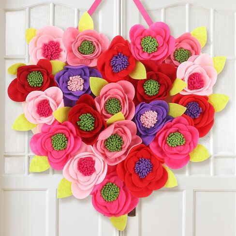 Boao Valentine's Day Heart Wreath with Ribbon for Front Door 3D Flowers Felt Hanging Party Decorations Artificial Heart Door Decorations Indoor Home Birthday Wedding Party Office Decoration in Saudi Arabia