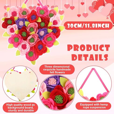 Boao Valentine's Day Heart Wreath with Ribbon for Front Door 3D Flowers Felt Hanging Party Decorations Artificial Heart Door Decorations Indoor Home Birthday Wedding Party Office Decoration in Saudi Arabia