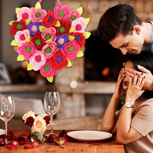 Boao Valentine's Day Heart Wreath with Ribbon for Front Door 3D Flowers Felt Hanging Party Decorations Artificial Heart Door Decorations Indoor Home Birthday Wedding Party Office Decoration in Saudi Arabia