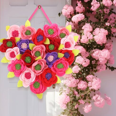 Boao Valentine's Day Heart Wreath with Ribbon for Front Door 3D Flowers Felt Hanging Party Decorations Artificial Heart Door Decorations Indoor Home Birthday Wedding Party Office Decoration in Saudi Arabia