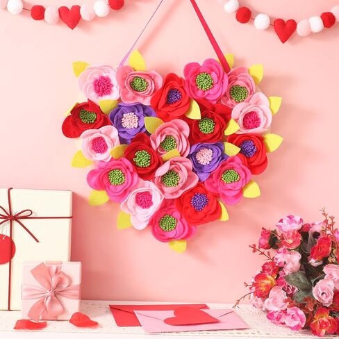 Boao Valentine's Day Heart Wreath with Ribbon for Front Door 3D Flowers Felt Hanging Party Decorations Artificial Heart Door Decorations Indoor Home Birthday Wedding Party Office Decoration in Saudi Arabia