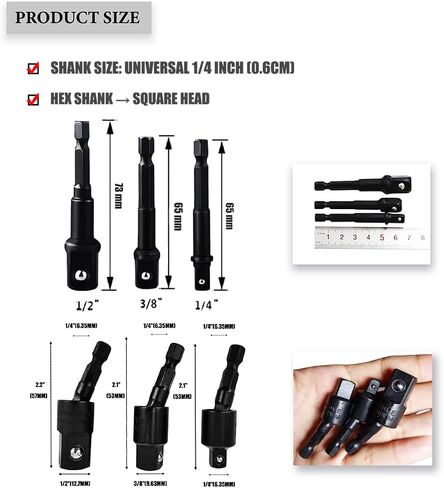 مجموعة تمديد لقمة المثقاب - 6 قطع مجموعة محول مقبس الصدمات 1/4 بوصة 3/8 بوصة 1/2 بوصة ساق سداسية 3 دوارة / 3 مجموعة لقم مفك الصدمات المستقيمة حامل المقبس ملحقات ملحقات الحفر للمساحات التي يصعب الوصول إليها-BLS6 in Kuwait