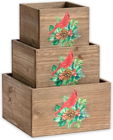 ملصق Napco 53081 Cardinal Pinecone متعدد الألوان 7.25، 5.75، و4.5 بوصة صناديق تزيين خشبية مربعة؛ مجموعة من 3 in Kuwait