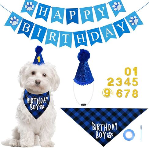 Nepfaivy Dog Birthday Party Decorations - Dog Birthday Outfit Include Reversible Dog Birthday Bandana Boy, Dog Birthday Hat, Happy Birthday Banner and Numbers for Puppy Small Large Dogs Cats in Saudi Arabia