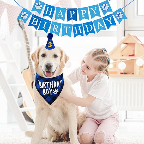 Nepfaivy Dog Birthday Party Decorations - Dog Birthday Outfit Include Reversible Dog Birthday Bandana Boy, Dog Birthday Hat, Happy Birthday Banner and Numbers for Puppy Small Large Dogs Cats in Saudi Arabia
