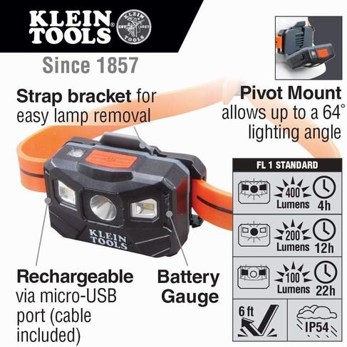 Klein Tools 56064 Rechargeable Auto-Off LED Headlamp, Silicone Strap, 400 lms, All-Day Runtime, for Work, Running, Outdoor Hiking, Camping in Saudi Arabia