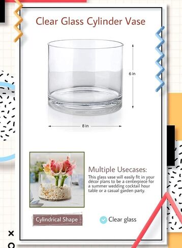 Serene Spaces Living Set of 6 Clear Glass Cylinder Vase, Use for Floral Arrangements or as Candle Holder, Cylindrical Shape Offers Endless Design Options, Measures 8" Diameter & 6" Tall in Saudi Arabia