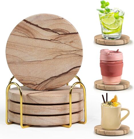 Natural Sandstone Coasters Set of 2 (No Holder), 4 in Dia Drink Coasters for Coffee Table, Water Absorbent & Heat Resistant Cup Coasters for Home & Office, Christmas Birthday Gift in Saudi Arabia