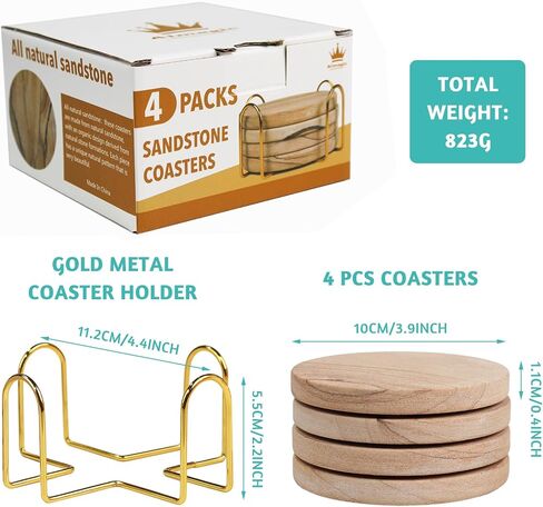 Natural Sandstone Coasters Set of 2 (No Holder), 4 in Dia Drink Coasters for Coffee Table, Water Absorbent & Heat Resistant Cup Coasters for Home & Office, Christmas Birthday Gift in Saudi Arabia