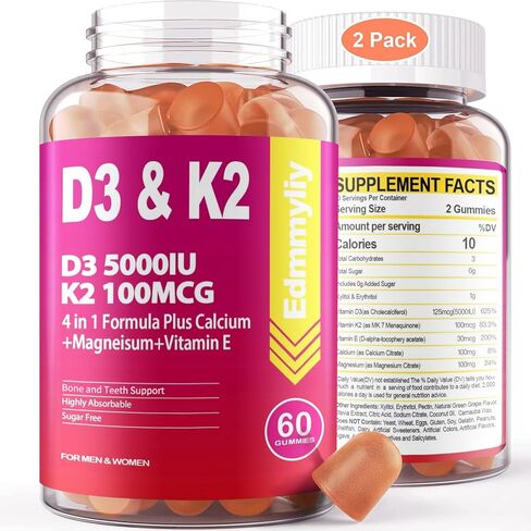فيتامين D3 5000 وحدة دولية مع فيتامين K2 (MK7) 100 ميكروجرام علكة للبالغين، مكمل فيتامين D3 K2 مع مكملات سيترات الكالسيوم والمغنيسيوم للعظام والأسنان والطاقة والمزاج والأعصاب وخالي من السكر، 120 قطعة in Kuwait