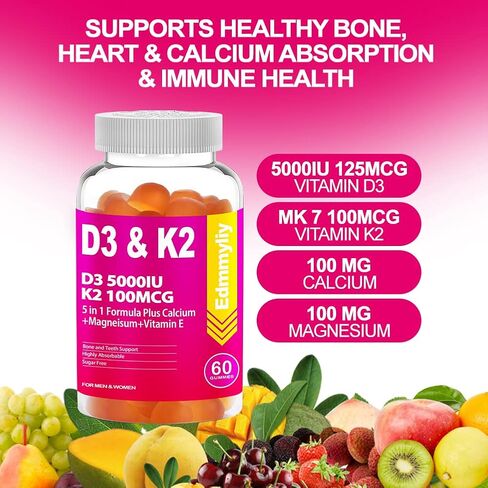 فيتامين D3 5000 وحدة دولية مع فيتامين K2 (MK7) 100 ميكروجرام علكة للبالغين، مكمل فيتامين D3 K2 مع مكملات سيترات الكالسيوم والمغنيسيوم للعظام والأسنان والطاقة والمزاج والأعصاب وخالي من السكر، 120 قطعة in Kuwait