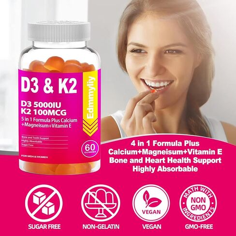 فيتامين D3 5000 وحدة دولية مع فيتامين K2 (MK7) 100 ميكروجرام علكة للبالغين، مكمل فيتامين D3 K2 مع مكملات سيترات الكالسيوم والمغنيسيوم للعظام والأسنان والطاقة والمزاج والأعصاب وخالي من السكر، 120 قطعة in Kuwait