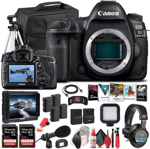 Canon EOS 5D Mark IV DSLR Camera (Body Only) (1483C002), 4K Monitor, Pro Headphones, Pro Mic, 2 x 64GB Memory Card, Case, Corel Photo Software, Tripod, 3 x LPE6 Battery + More (Renewed) in Saudi Arabia