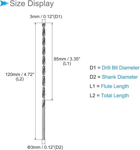 CoCud Extra Long Twist Drill Bit, 3mm Drill Diameter 120mm Length, High Speed Steel Straight Shank Jobber Drill Bit - (Applications: for Wood Malleable Iron Aluminum Plastic), 1-Piece in Saudi Arabia