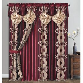 GOHD Spinning Singer. Clipped Voile. Voile Jacquard Window Curtain with Attached Fancy Valance and Taffeta Backing. 2pcs Set. Each pc 54 inch Wide x 90 inch Drop + 18 inch Valance. (Burgundy)