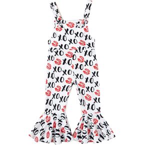 Toddler Girl Valentine's Day Outfits Baby Girl Ribbed Sleeveless Bell-Bottoms One-Piece Romper Heart Jumpsuit