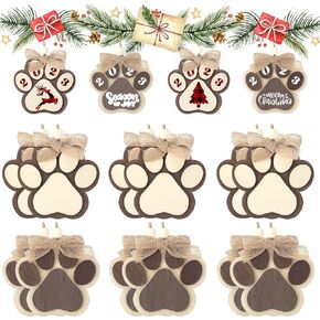 12 Pieces Christmas Dog Ornaments Christmas Tree Dog Paw Ornaments Cute Wooden Dog 2 Layer Paw Print Ornament Cutouts Dog Paw 3D Hanging Wood Ornaments Decoration for DIY Craft (Brown)