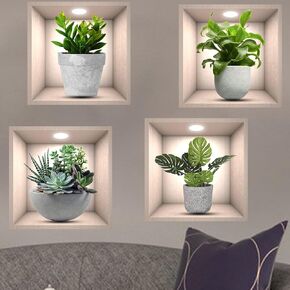 iMagitek 4 Pack 3D Green Plants Wall Stickers Botanical Plants Wall Decals for Bedroom Living Room Kitchen in Kuwait