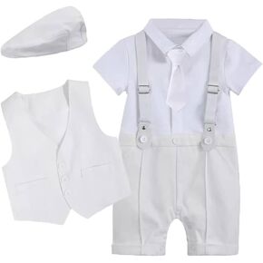 IDOPIP Baby Boy Gentleman Outfit Formal Tuxedo Suit Bowtie Romper Overalls with Vest Hat Birthday Wedding Party Clothes