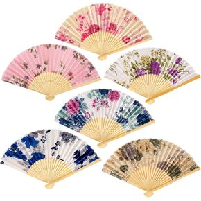 HGRTYXS 6 Pcs Hand Fan Foldable,Silk Fabric Chinese Fan,Bamboo Frames Fan Handheld Folding,Floral Clack Fan,Handheld Fans for Women,Cosplay,Dance,Wedding,Home Decoration,Daily Use. in Kuwait