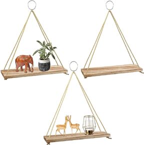 POZEAN Hanging Shelves 3 Pack Wooden Floating Wall Shelves, Hanging Plant Shelf, Boho Wall Decor Shelves for Bedroom, Plants, Living Room, Office (Included 6 Ropes 3 Rings 3 Hooks and Anchors) in Kuwait