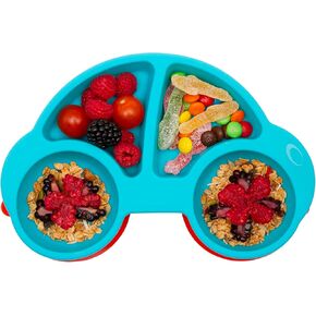 Silicone Divided Toddler Plates - Portable Non Slip Suction Feeding Plates for Children Babies and Kids BPA Free Baby Dinner Plate (Car-Blue)