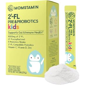 MOMSTAMIN 2'-FL HMO Prebiotics & Probiotics for Kids, 1000mg Human Milk Oligosaccharide 2'-FL Powder, Patented 11 Strains, Healthy Gut Microbiome, Immune & Digestive Supplement, IBS Relief - 30 Sticks