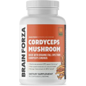 كبسولات كورديسيبس العضوية من برين فورزا، فطر كورديسيبس سينينسيس لدعم الطاقة والقدرة على التحمل والاداء الرياضي، غير معدلة وراثيا، نباتي، عضوي، 90 كبسولة in Kuwait