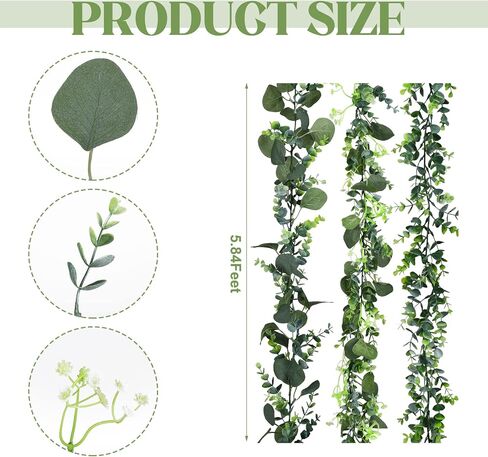 Jutom 3 Pcs Faux Eucalyptus Garland 5.84ft Artificial Greenery Garland Bulk Silk Eucalyptus Leaves Vines for Wedding Hanging Silver Dollar Eucalyptus Leaves Vines Plants for Arch(Green Leaf) in Saudi Arabia