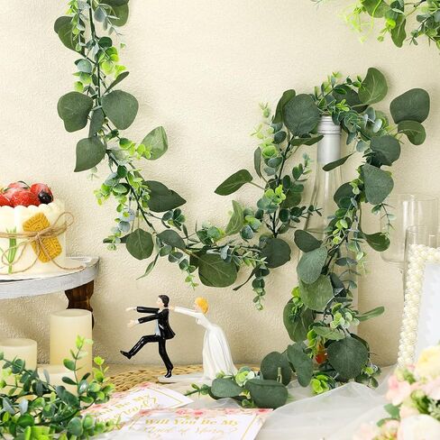 Jutom 3 Pcs Faux Eucalyptus Garland 5.84ft Artificial Greenery Garland Bulk Silk Eucalyptus Leaves Vines for Wedding Hanging Silver Dollar Eucalyptus Leaves Vines Plants for Arch(Green Leaf) in Saudi Arabia