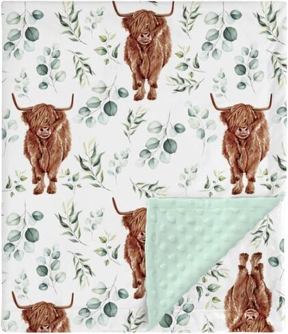 Highland Cow Eucalyptus Leaf Minky Baby Blanket Dotted Backing Boy Girl Gift, Western Farm Animal Yak Double Layer Flannel Nursery Bed Blankets, Soft Plush Newborn Infant Toddler Crib Bedding 30 x 40 in Saudi Arabia