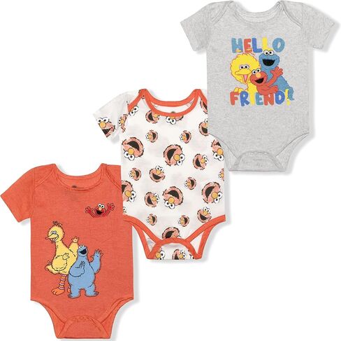 Sesame Street Boys 3-Pack Short Sleeve Bodysuit Creepers, Coral in Saudi Arabia